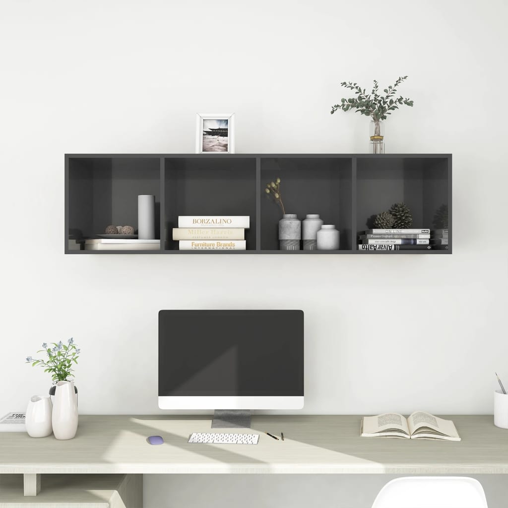 vidaXL Dulap TV montat pe perete, gri extralucios, 37x37x142,5 cm, PAL