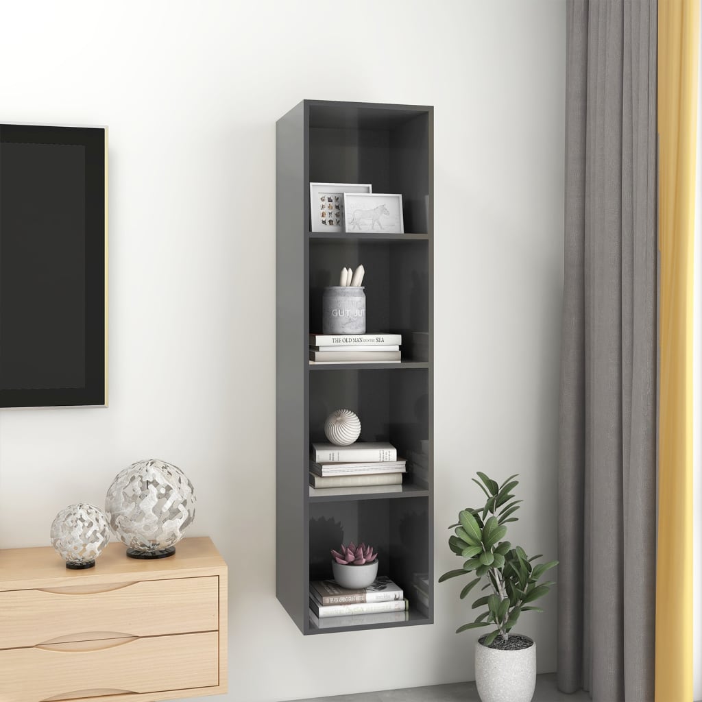 vidaXL Dulap TV montat pe perete, gri extralucios, 37x37x142,5 cm, PAL