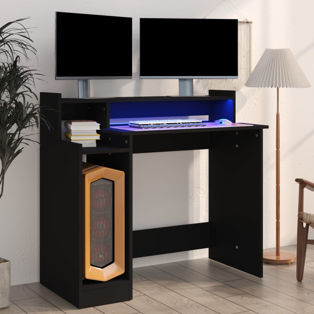 vidaXL Birou cu lumini LED, negru, 97x45x90 cm, lemn prelucrat vidaXL Birou cu lumini LED, negru, 97x45x90 cm, lemn prelucrat
