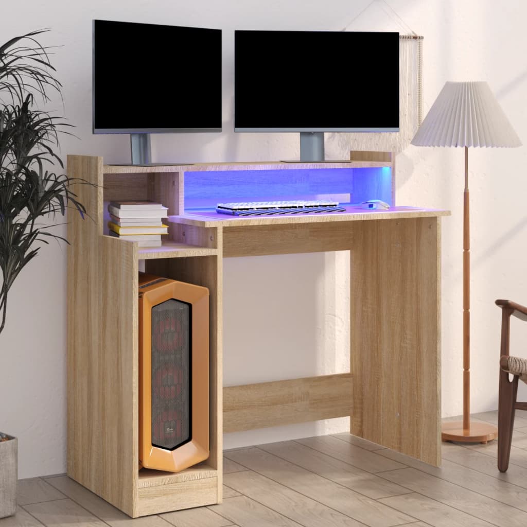vidaXL Birou cu lumini LED, stejar sonoma, 97x90x45 cm, lemn compozit vidaXL Birou cu lumini LED, stejar sonoma, 97x90x45 cm, lemn compozit