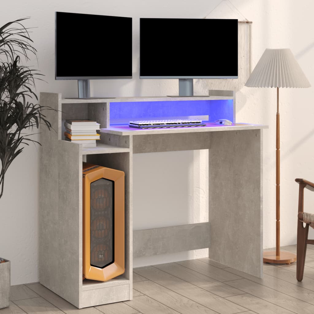 vidaXL Birou cu lumini LED, gri beton, 97x90x45 cm, lemn compozit vidaXL Birou cu lumini LED, gri beton, 97x90x45 cm, lemn compozit