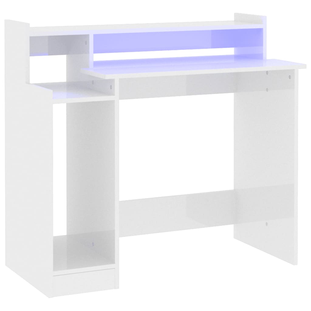 vidaXL Birou cu lumini LED alb extralucios 97x90x45 cm lemn compozit vidaXL Birou cu lumini LED alb extralucios 97x90x45 cm lemn compozit