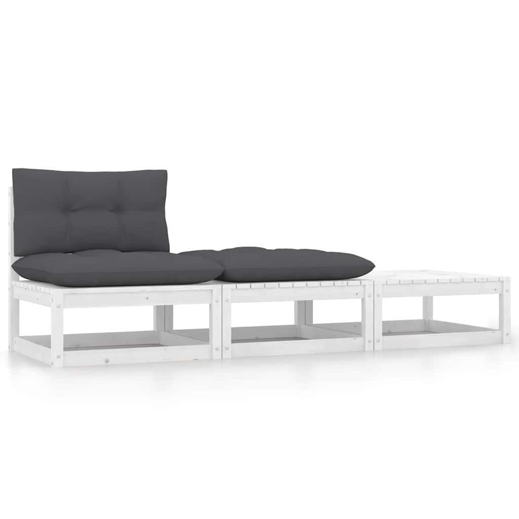 vidaXL Set mobilier de grădină cu perne, 3 piese, alb, lemn masiv pin vidaXL Set mobilier de grădină cu perne, 3 piese, alb, lemn masiv pin