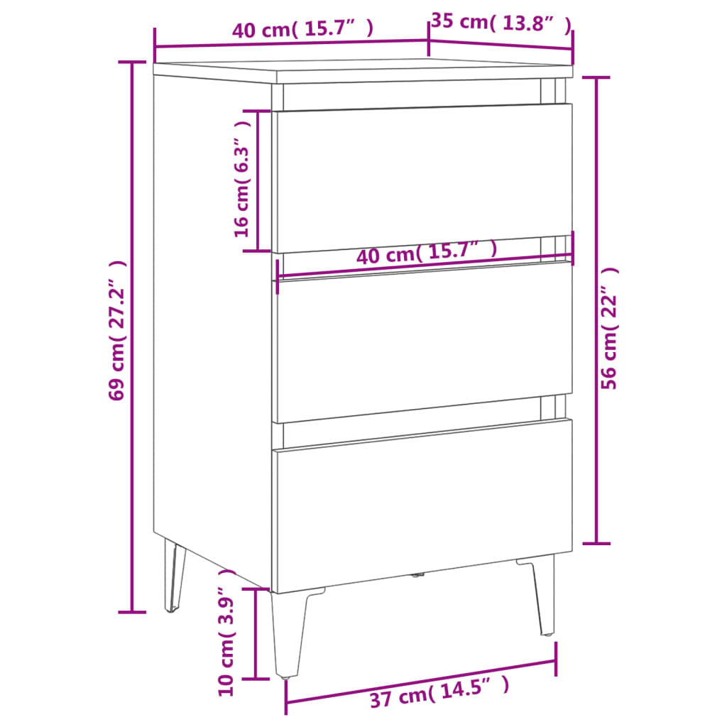 vidaXL Noptieră cu picioare metalice, negru, 40x35x69 cm
