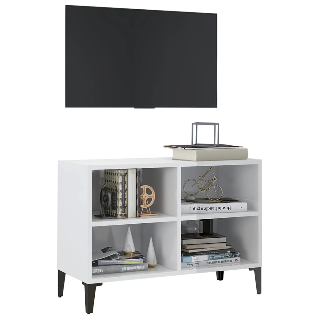 vidaXL Comodă TV cu picioare metalice, alb extralucios, 69,5x30x50 cm