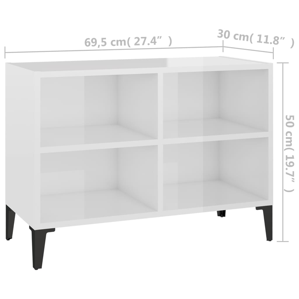 vidaXL Comodă TV cu picioare metalice, alb extralucios, 69,5x30x50 cm