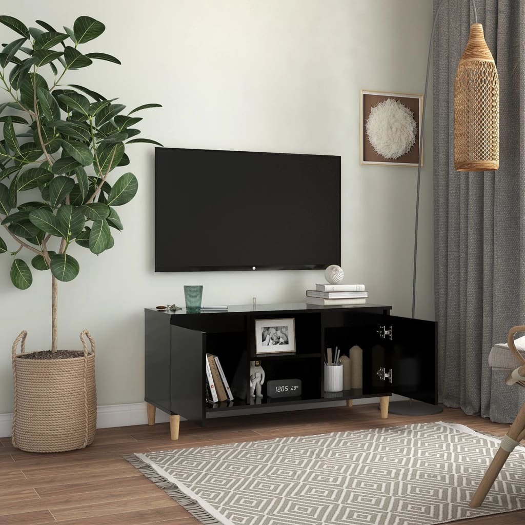 vidaXL Comodă TV, picioare lemn masiv, negru, 103,5x35x50 cm vidaXL Comodă TV, picioare lemn masiv, negru, 103,5x35x50 cm