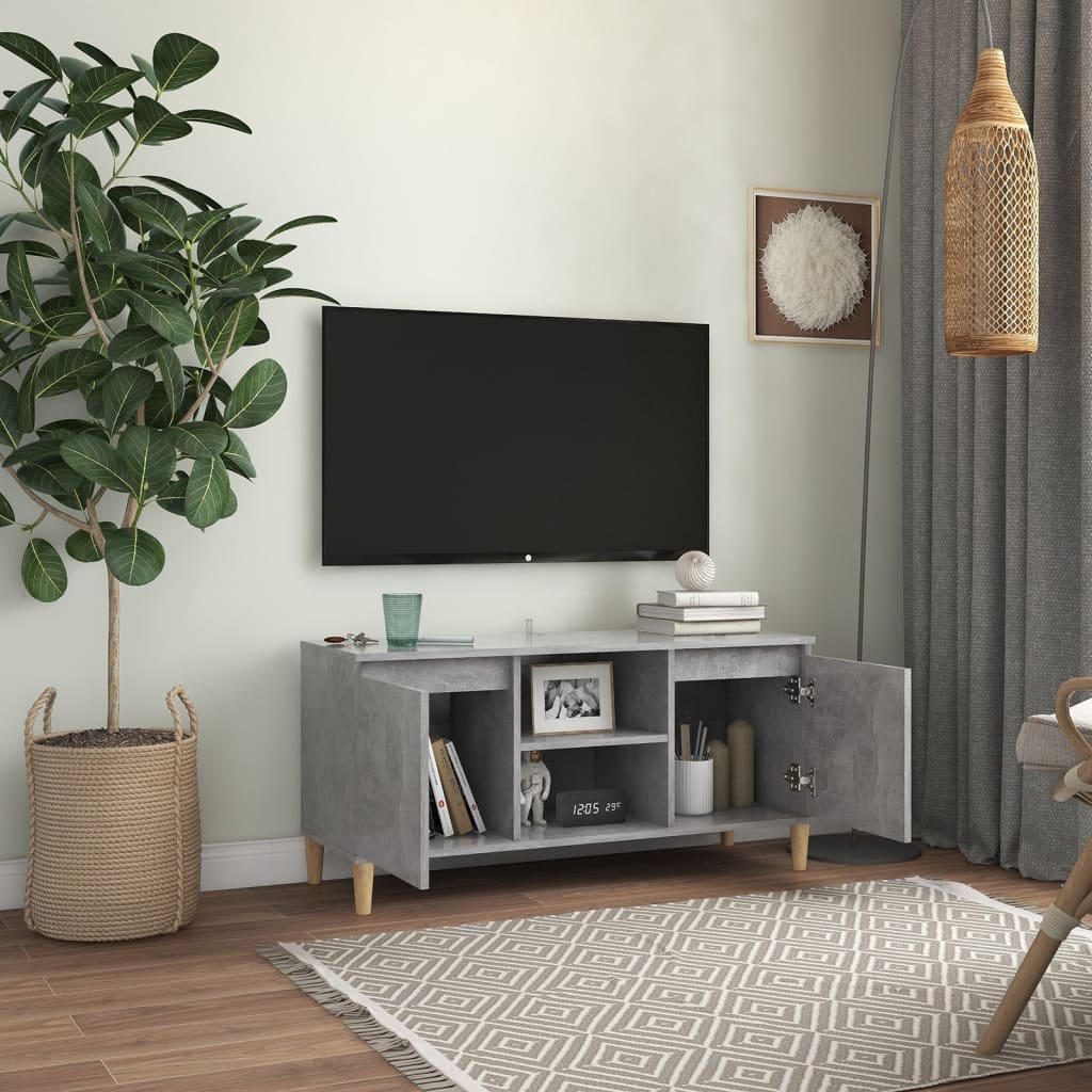 vidaXL Comodă TV, picioare lemn masiv, gri beton, 103,5x35x50 cm vidaXL Comodă TV, picioare lemn masiv, gri beton, 103,5x35x50 cm