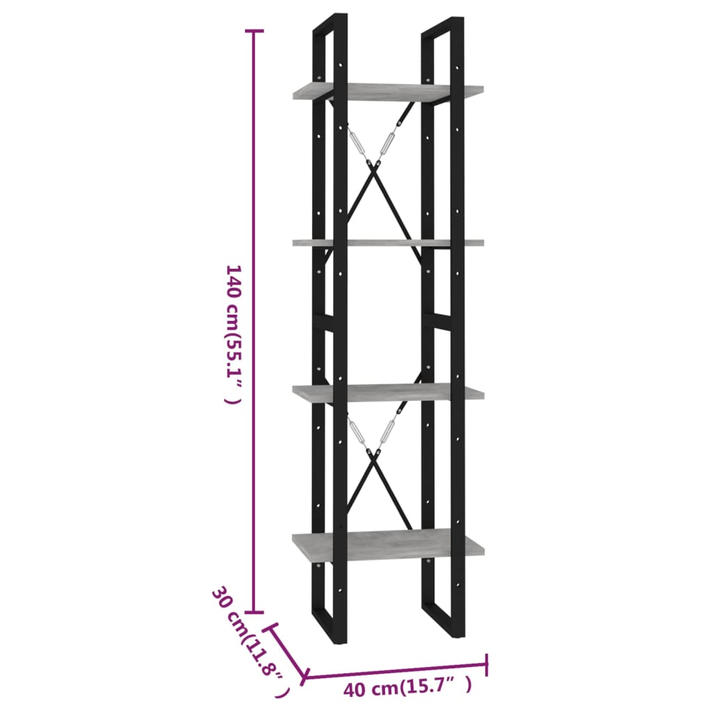 vidaXL Bibliotecă cu 4 rafturi, gri beton, 40x30x140 cm, PAL vidaXL Bibliotecă cu 4 rafturi, gri beton, 40x30x140 cm, PAL