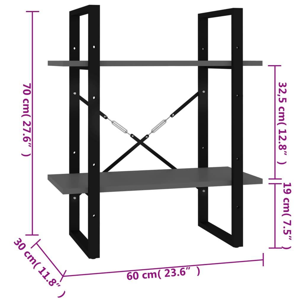 vidaXL Bibliotecă cu 2 rafturi, gri, 60x30x70 cm, PAL vidaXL Bibliotecă cu 2 rafturi, gri, 60x30x70 cm, PAL