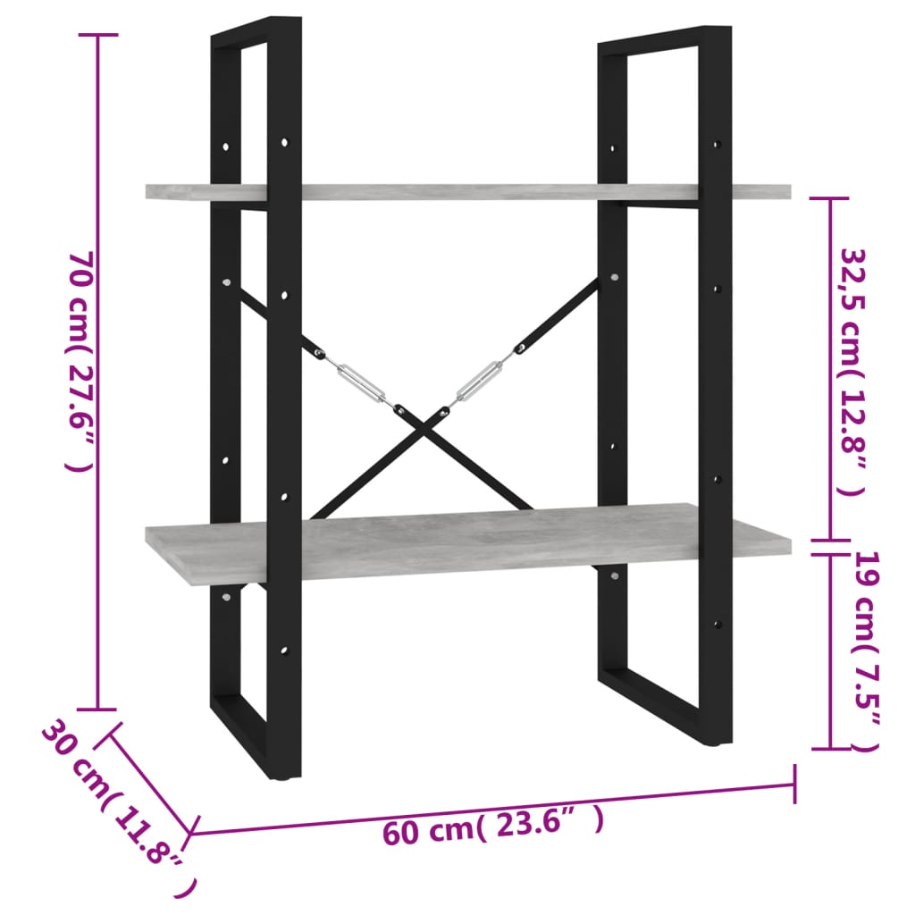 vidaXL Bibliotecă cu 2 rafturi, gri beton, 60x30x70 cm, PAL vidaXL Bibliotecă cu 2 rafturi, gri beton, 60x30x70 cm, PAL