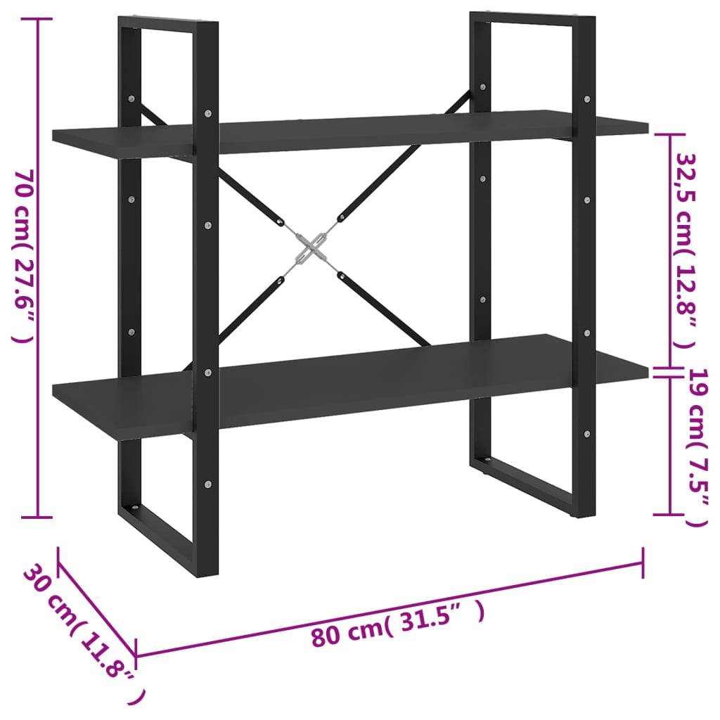 vidaXL Bibliotecă cu 2 rafturi, gri, 80x30x70 cm, PAL vidaXL Bibliotecă cu 2 rafturi, gri, 80x30x70 cm, PAL