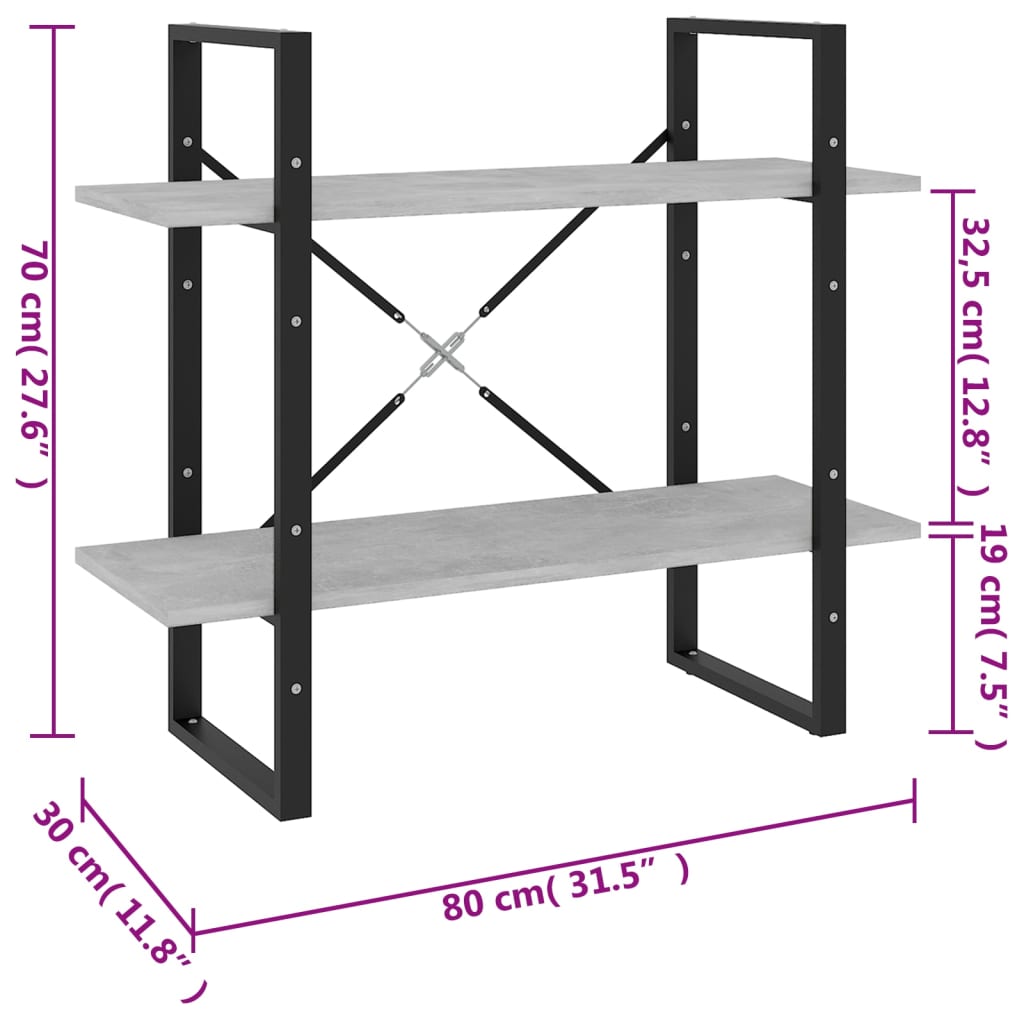 vidaXL Bibliotecă cu 2 rafturi, gri beton, 80x30x70 cm, PAL vidaXL Bibliotecă cu 2 rafturi, gri beton, 80x30x70 cm, PAL
