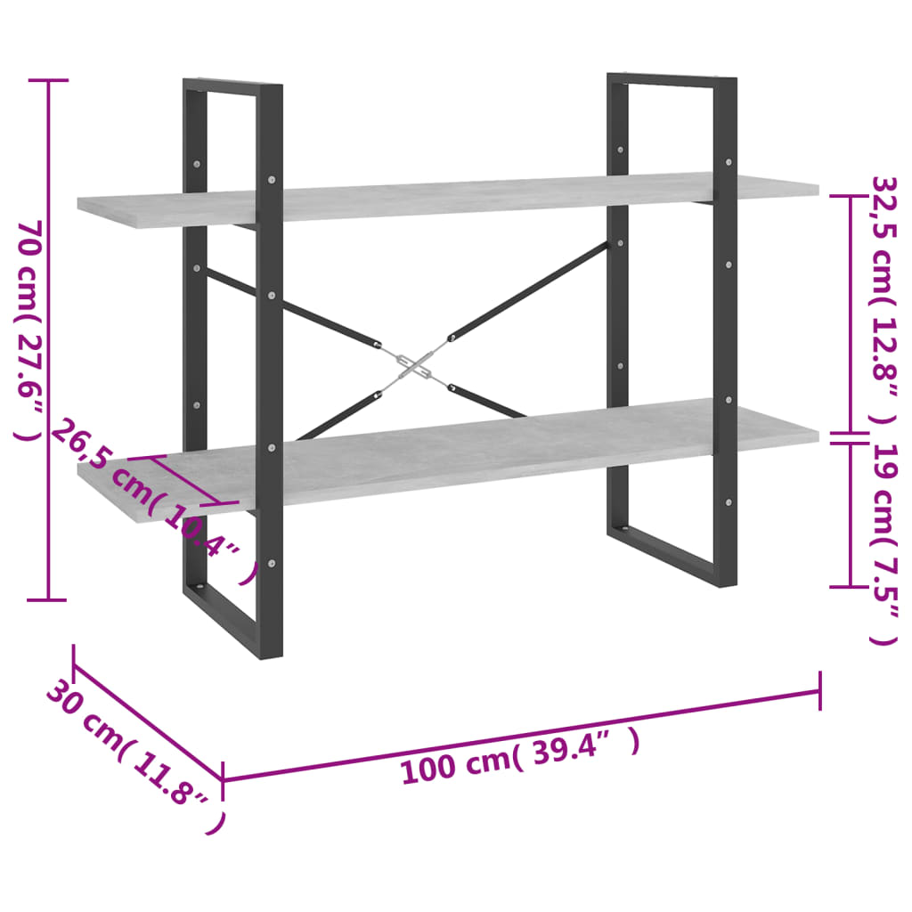 vidaXL Bibliotecă cu 2 rafturi, gri beton, 100x30x70 cm, PAL vidaXL Bibliotecă cu 2 rafturi, gri beton, 100x30x70 cm, PAL