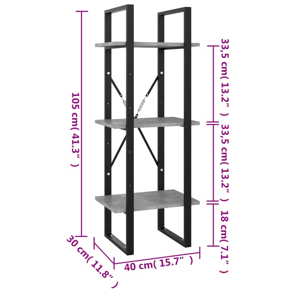 vidaXL Bibliotecă cu 3 rafturi, gri beton, 40x30x105 cm, PAL vidaXL Bibliotecă cu 3 rafturi, gri beton, 40x30x105 cm, PAL