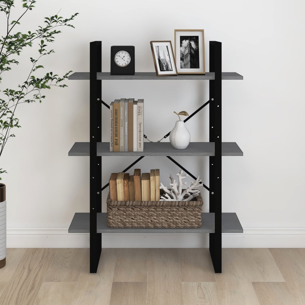 vidaXL Bibliotecă cu 3 rafturi, gri, 80x30x105 cm, lemn masiv de pin vidaXL Bibliotecă cu 3 rafturi, gri, 80x30x105 cm, lemn masiv de pin