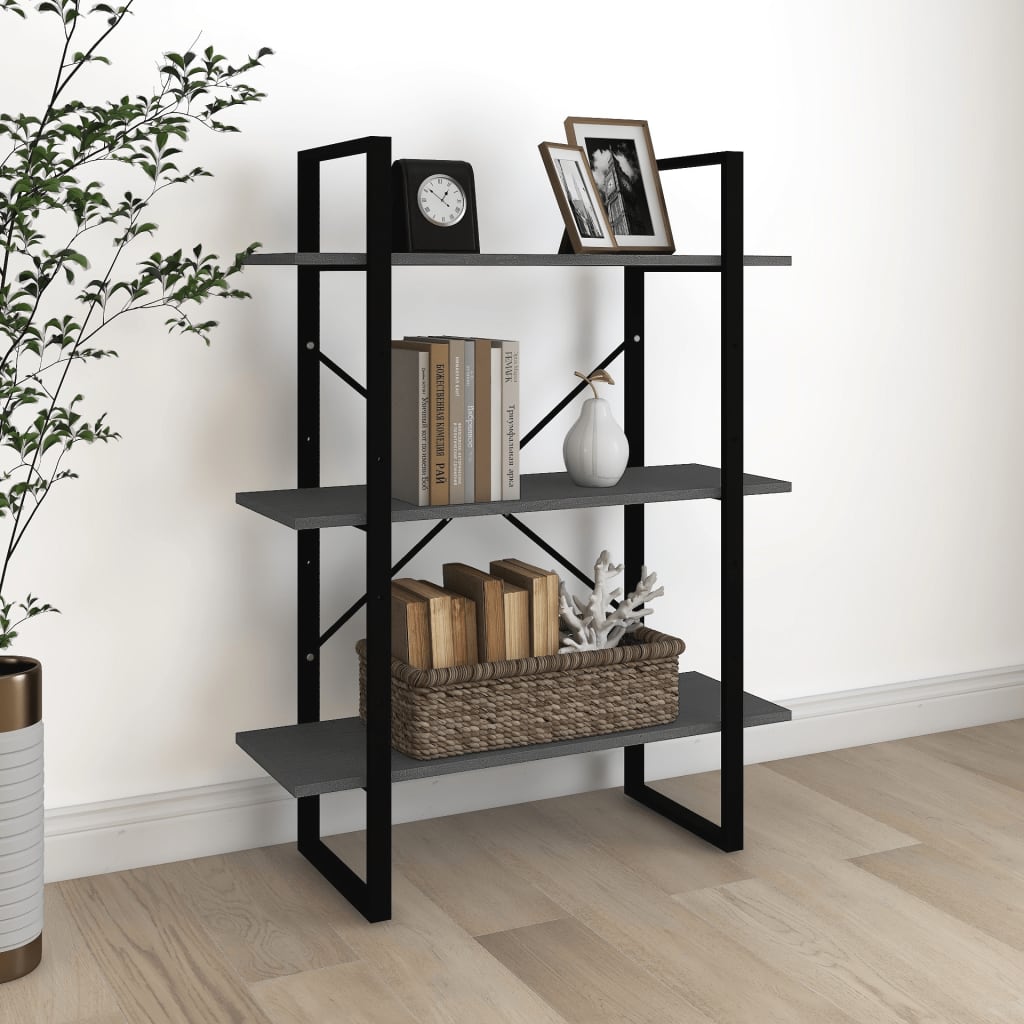 vidaXL Bibliotecă cu 3 rafturi, gri, 80x30x105 cm, lemn masiv de pin vidaXL Bibliotecă cu 3 rafturi, gri, 80x30x105 cm, lemn masiv de pin