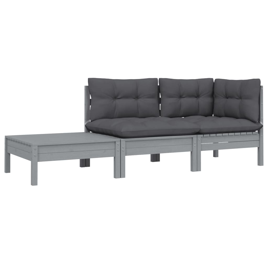 vidaXL Set mobilier de grădină cu perne, 3 piese, gri, lemn masiv pin vidaXL Set mobilier de grădină cu perne, 3 piese, gri, lemn masiv pin