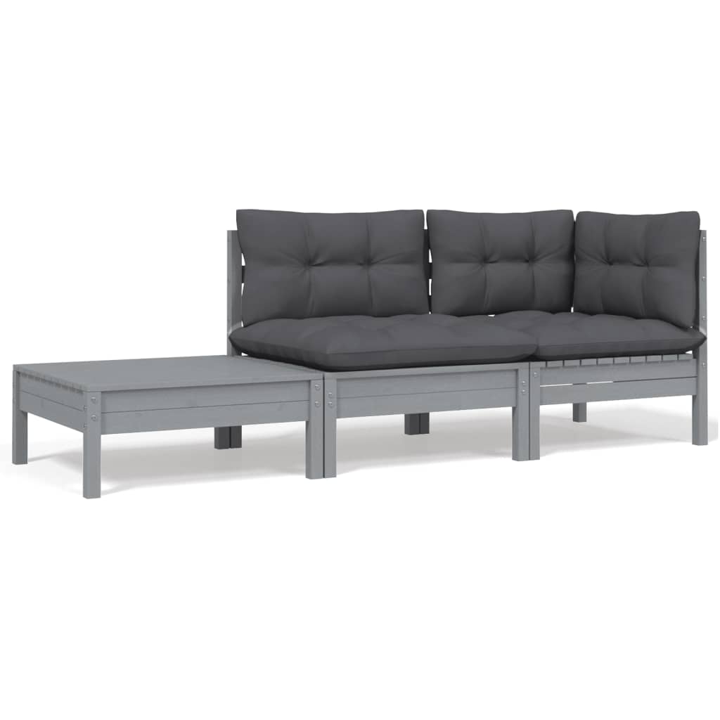 vidaXL Set mobilier de grădină cu perne, 3 piese, gri, lemn masiv pin vidaXL Set mobilier de grădină cu perne, 3 piese, gri, lemn masiv pin