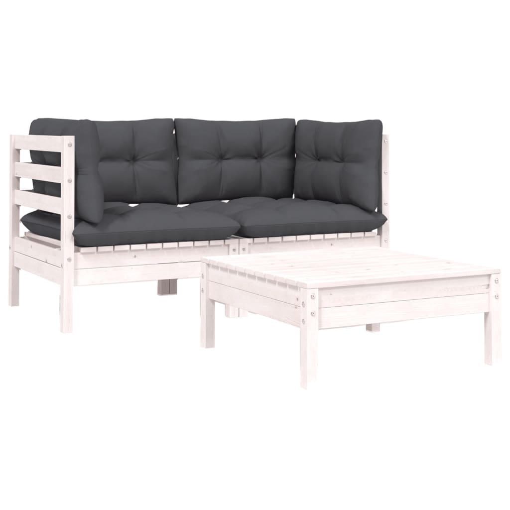 vidaXL Set mobilier de grădină cu perne, 3 piese, alb, lemn masiv pin vidaXL Set mobilier de grădină cu perne, 3 piese, alb, lemn masiv pin