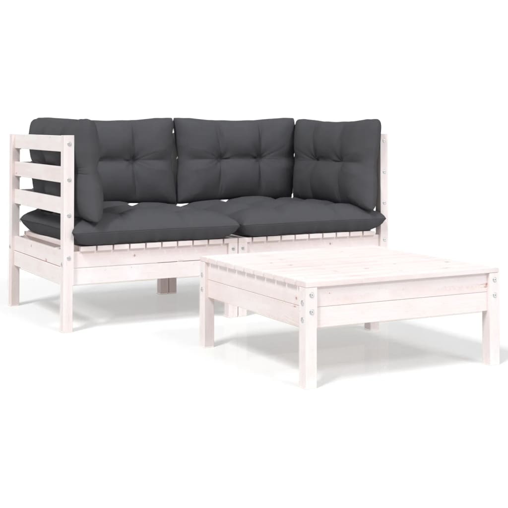 vidaXL Set mobilier de grădină cu perne, 3 piese, alb, lemn masiv pin vidaXL Set mobilier de grădină cu perne, 3 piese, alb, lemn masiv pin