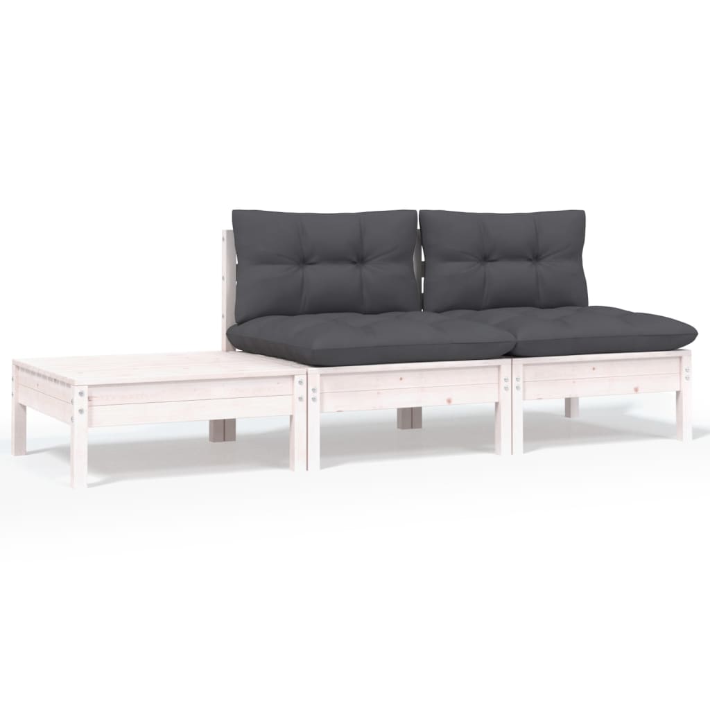 vidaXL Set mobilier de grădină cu perne, 3 piese, alb, lemn masiv pin vidaXL Set mobilier de grădină cu perne, 3 piese, alb, lemn masiv pin