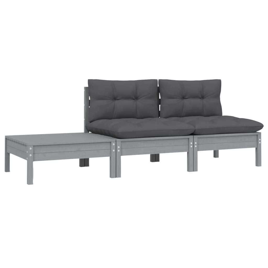 vidaXL Set mobilier de grădină cu perne, 3 piese, gri, lemn masiv pin vidaXL Set mobilier de grădină cu perne, 3 piese, gri, lemn masiv pin