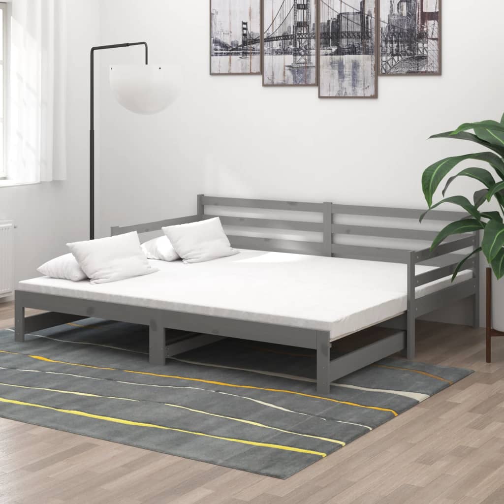 vidaXL Pat extensibil de zi, gri, 2x(90x200) cm, lemn masiv de pin vidaXL Pat extensibil de zi, gri, 2x(90x200) cm, lemn masiv de pin