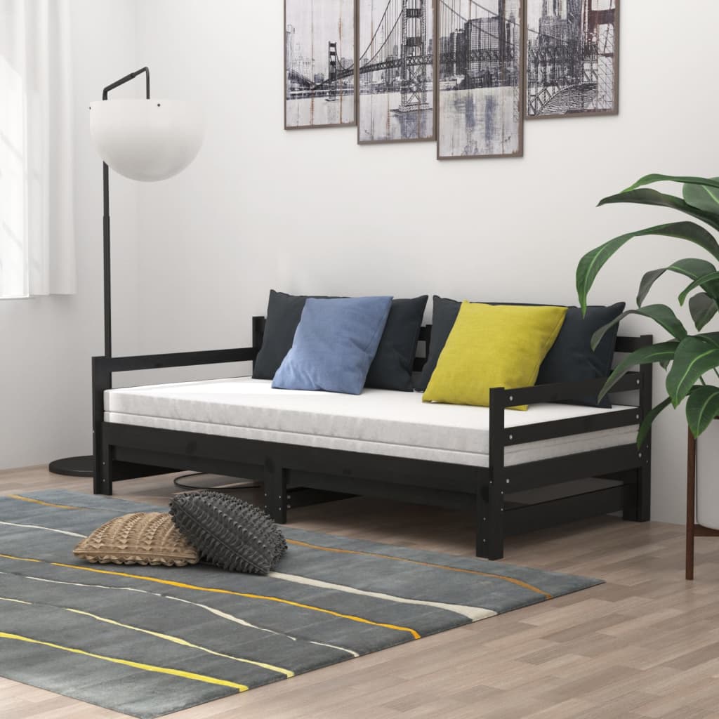 vidaXL Pat extensibil de zi, negru, 2x(90x200) cm, lemn masiv de pin