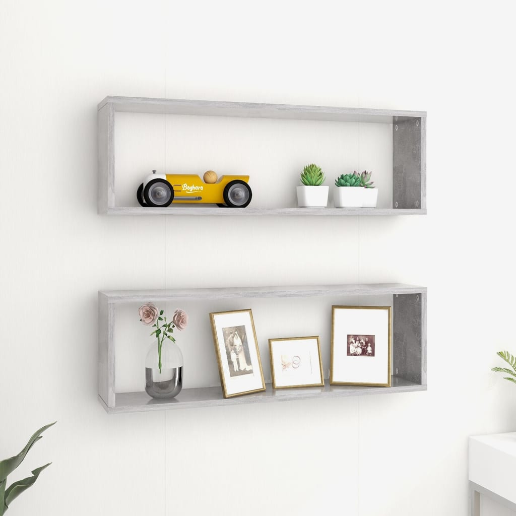 vidaXL Rafturi de perete cub, 2 buc., gri beton, 80x15x26,5 cm, PAL vidaXL Rafturi de perete cub, 2 buc., gri beton, 80x15x26,5 cm, PAL