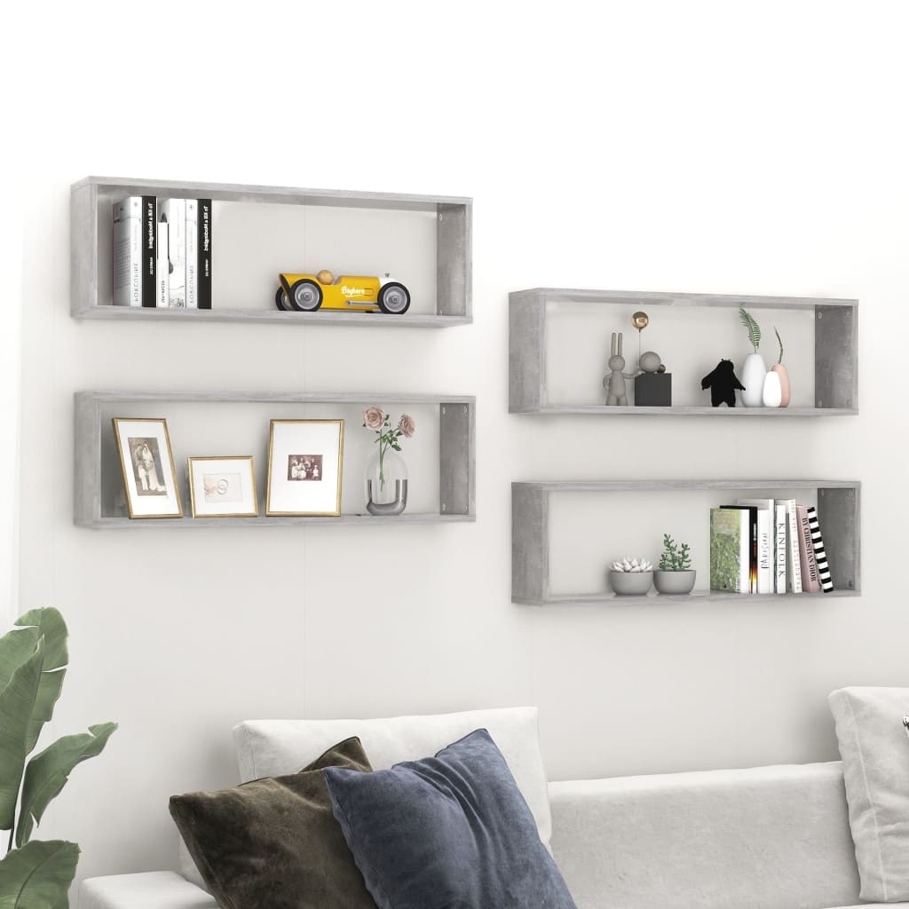 vidaXL Rafturi de perete cub, 4 buc., gri beton, 80x15x26,5 cm, PAL vidaXL Rafturi de perete cub, 4 buc., gri beton, 80x15x26,5 cm, PAL
