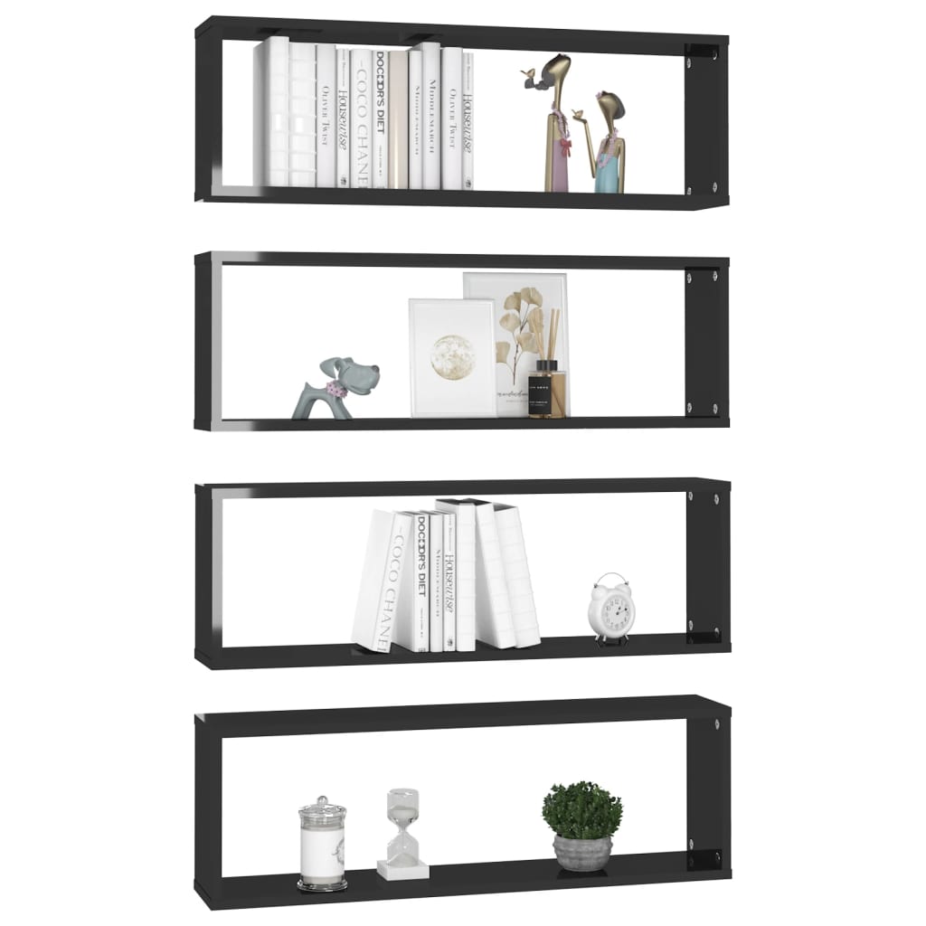 vidaXL Rafturi de perete cub 4 buc negru extralucios 80x15x26,5 cm PAL vidaXL Rafturi de perete cub 4 buc negru extralucios 80x15x26,5 cm PAL