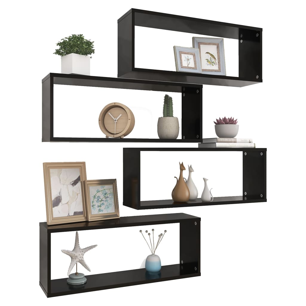 vidaXL Rafturi de perete în formă de cub, 4 bucăți, negru, 60x15x23 cm, PAL vidaXL Rafturi de perete în formă de cub, 4 bucăți, negru, 60x15x23 cm, PAL