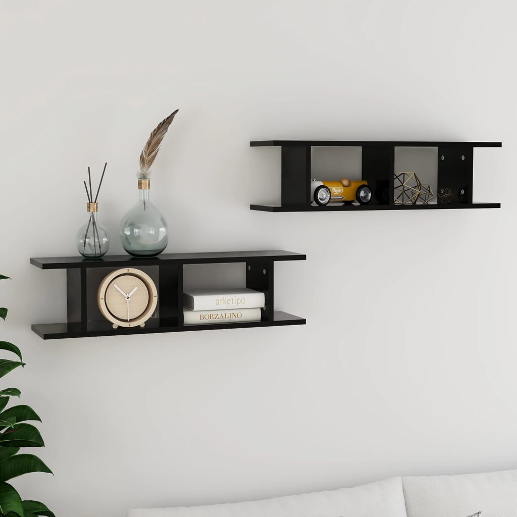 vidaXL Rafturi de perete, 2 buc., negru, 75x18x20 cm, lemn vidaXL Rafturi de perete, 2 buc., negru, 75x18x20 cm, lemn