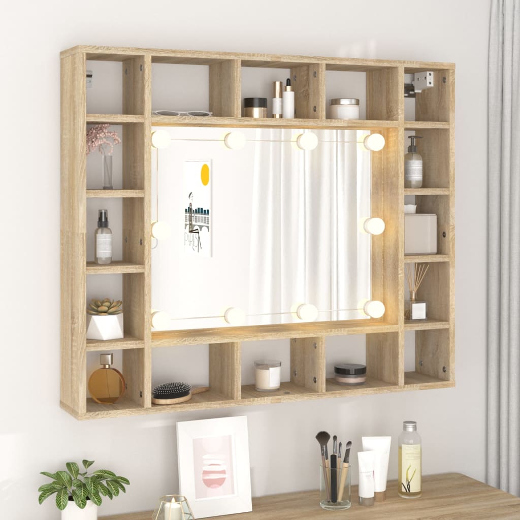 vidaXL Dulap cu oglindă și LED, stejar sonoma, 91x15x76,5 cm vidaXL Dulap cu oglindă și LED, stejar sonoma, 91x15x76,5 cm