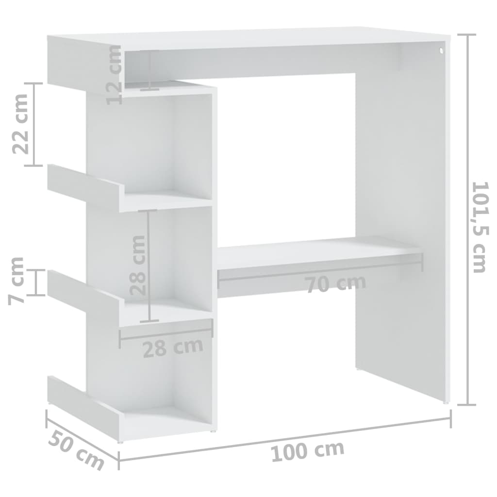 vidaXL Masă bar cu raft de depozitare, alb, 100x50x101,5 cm, PAL vidaXL Masă bar cu raft de depozitare, alb, 100x50x101,5 cm, PAL