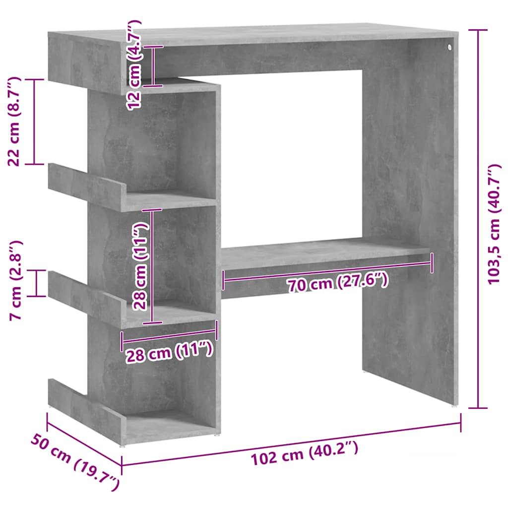 vidaXL Masă bar cu raft de depozitare, gri beton, 100x50x101,5 cm, PAL vidaXL Masă bar cu raft de depozitare, gri beton, 100x50x101,5 cm, PAL