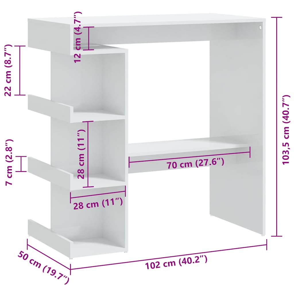 vidaXL Masă bar cu raft depozitare alb extralucios 100x50x101,5cm lemn vidaXL Masă bar cu raft depozitare alb extralucios 100x50x101,5cm lemn