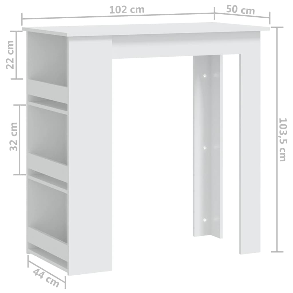 vidaXL Masă de bar cu raft de depozitare, alb, 102x50x103,5 cm, PAL vidaXL Masă de bar cu raft de depozitare, alb, 102x50x103,5 cm, PAL