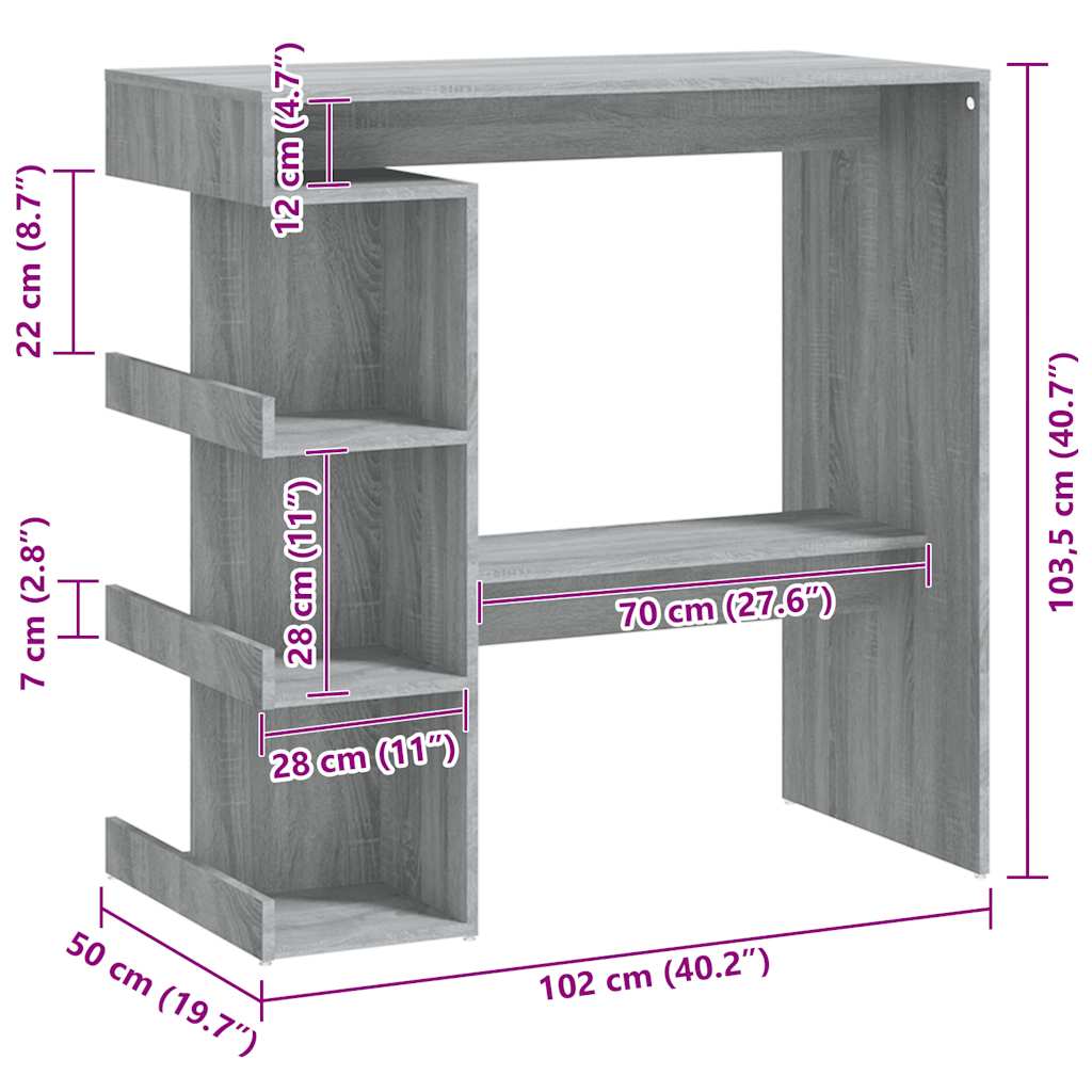 vidaXL Masă bar cu raft de depozitare stejar sonoma gri 100x50x101,5cm vidaXL Masă bar cu raft de depozitare stejar sonoma gri 100x50x101,5cm