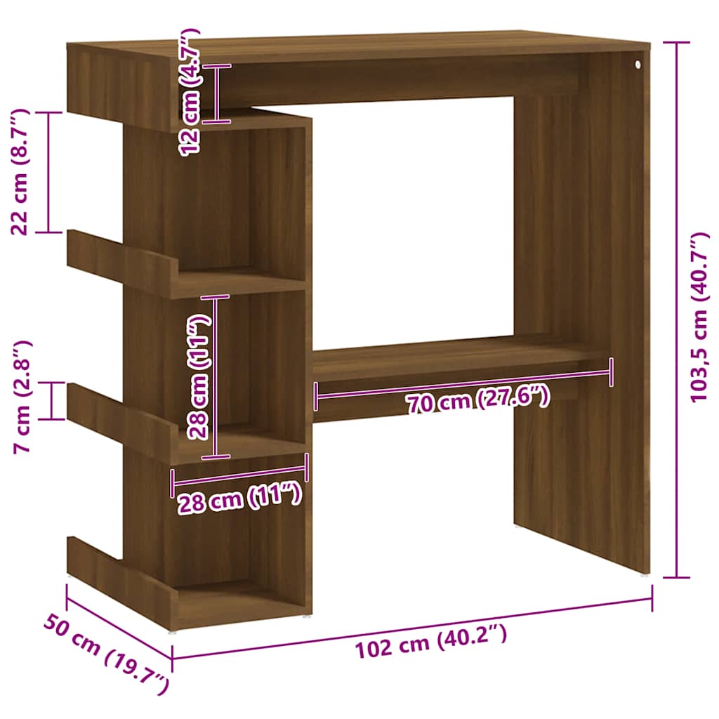 vidaXL Masă de bar cu raft depozitare stejar maro 100x50x101,5 cm PAL