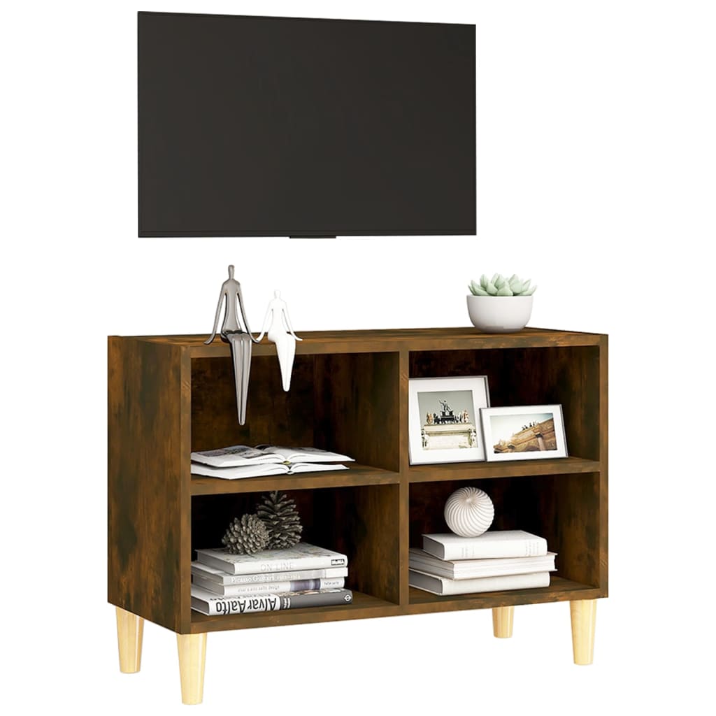 vidaXL Comodă TV, picioare lemn masiv, stejar afumat, 69,5x30x50 cm vidaXL Comodă TV, picioare lemn masiv, stejar afumat, 69,5x30x50 cm