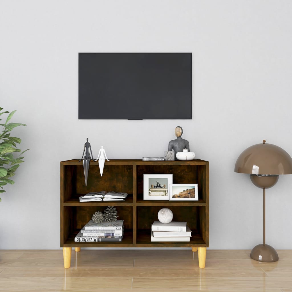 vidaXL Comodă TV, picioare lemn masiv, stejar afumat, 69,5x30x50 cm vidaXL Comodă TV, picioare lemn masiv, stejar afumat, 69,5x30x50 cm
