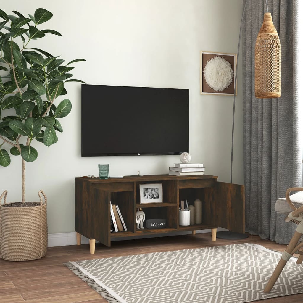 vidaXL Comodă TV, picioare lemn masiv, stejar fumuriu, 103,5x35x50 cm vidaXL Comodă TV, picioare lemn masiv, stejar fumuriu, 103,5x35x50 cm