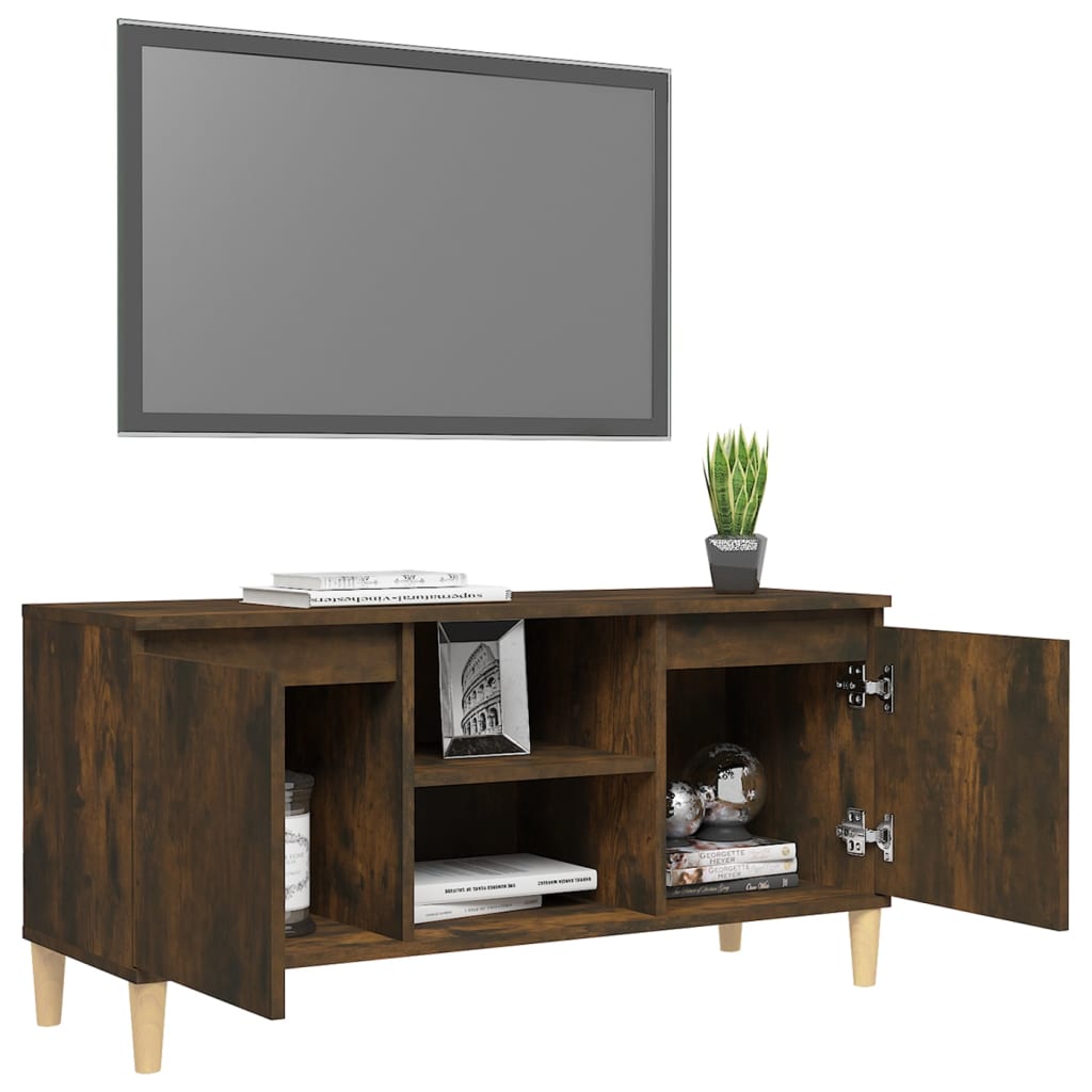 vidaXL Comodă TV, picioare lemn masiv, stejar fumuriu, 103,5x35x50 cm vidaXL Comodă TV, picioare lemn masiv, stejar fumuriu, 103,5x35x50 cm