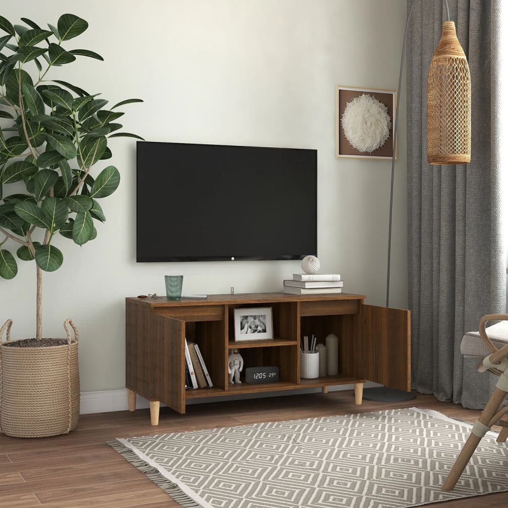 vidaXL Comodă TV, picioare lemn masiv, stejar maro, 103,5x35x50 cm vidaXL Comodă TV, picioare lemn masiv, stejar maro, 103,5x35x50 cm