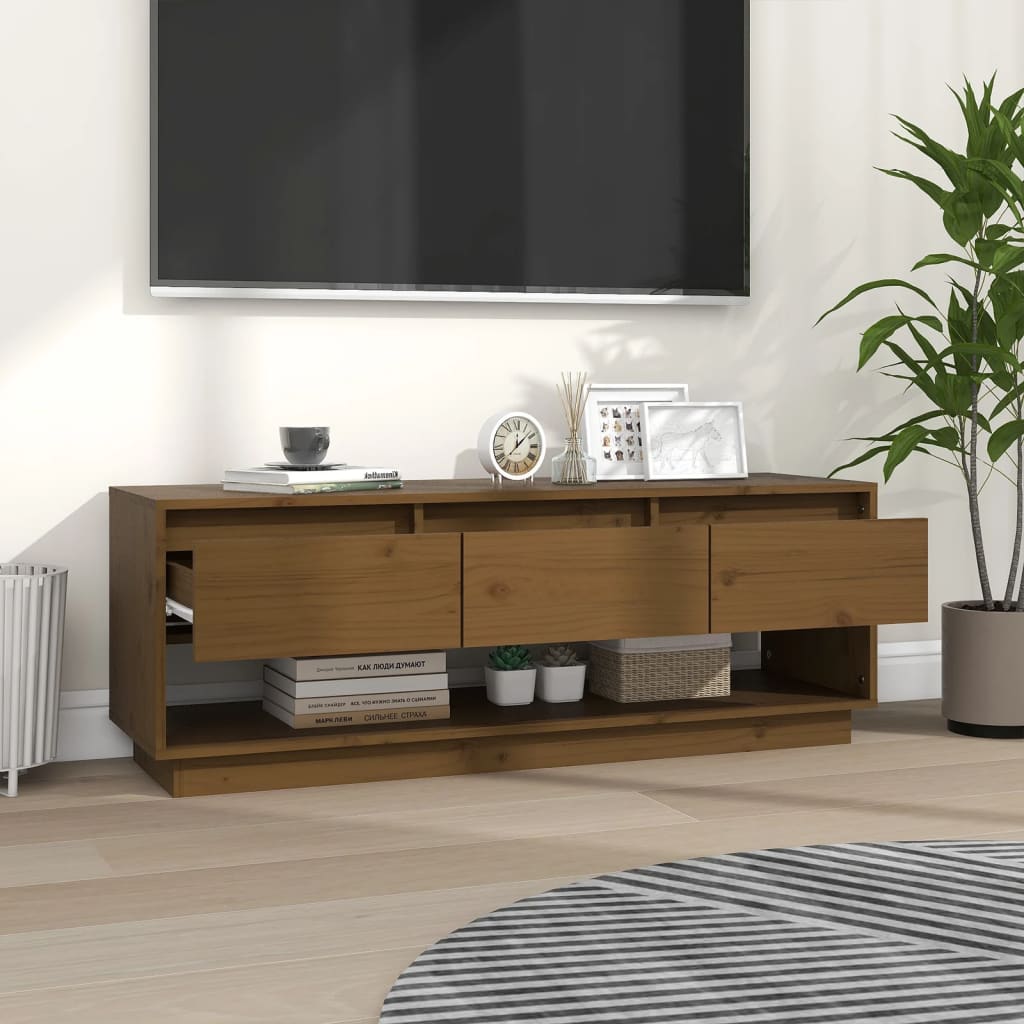 vidaXL Comodă TV, maro miere, 110,5x34x40 cm, lemn masiv de pin vidaXL Comodă TV, maro miere, 110,5x34x40 cm, lemn masiv de pin