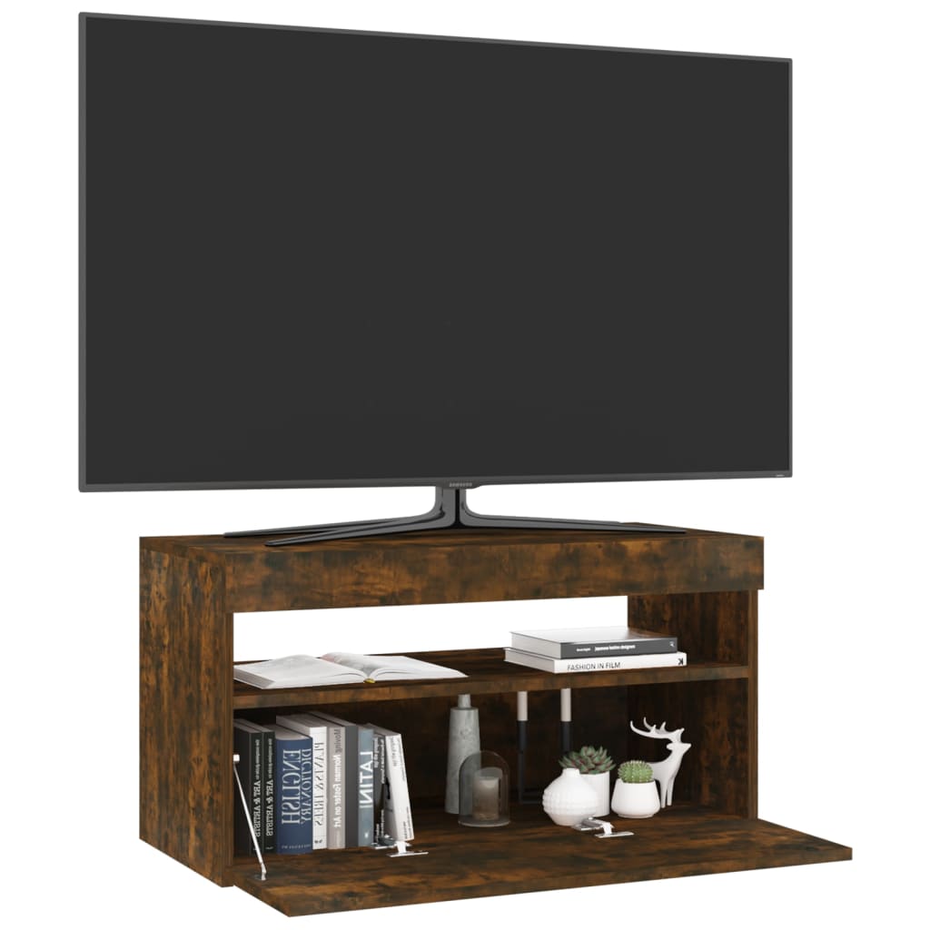 vidaXL Comodă TV cu lumini LED, stejar fumuriu, 75x35x40 cm