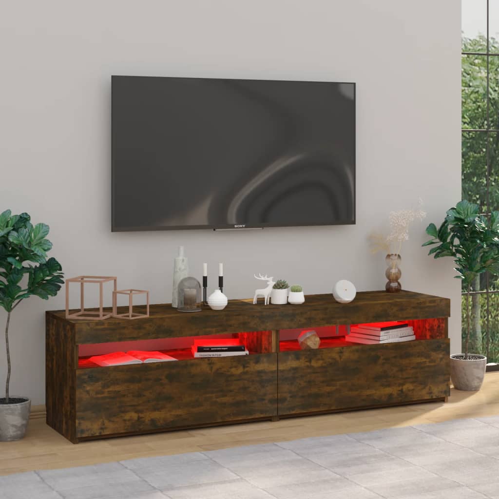 vidaXL Comodă TV cu lumini LED, 2 buc., stejar afumat, 75x35x40 cm vidaXL Comodă TV cu lumini LED, 2 buc., stejar afumat, 75x35x40 cm