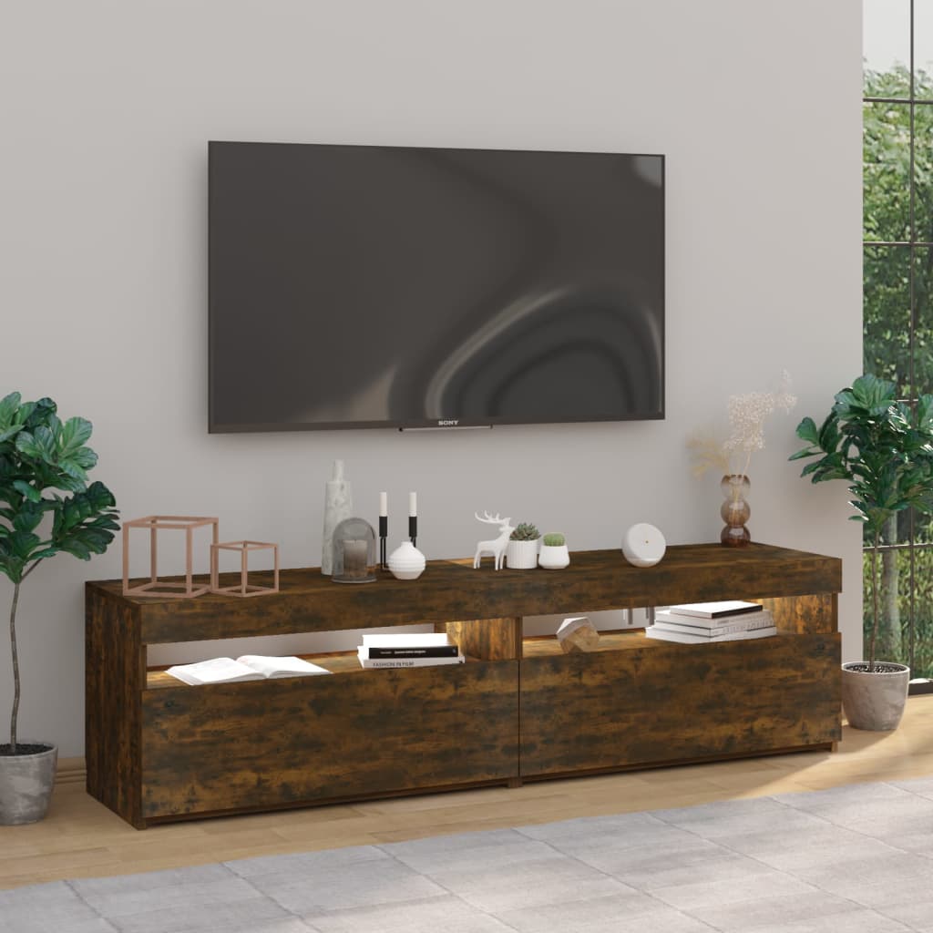 vidaXL Comodă TV cu lumini LED, 2 buc., stejar afumat, 75x35x40 cm vidaXL Comodă TV cu lumini LED, 2 buc., stejar afumat, 75x35x40 cm